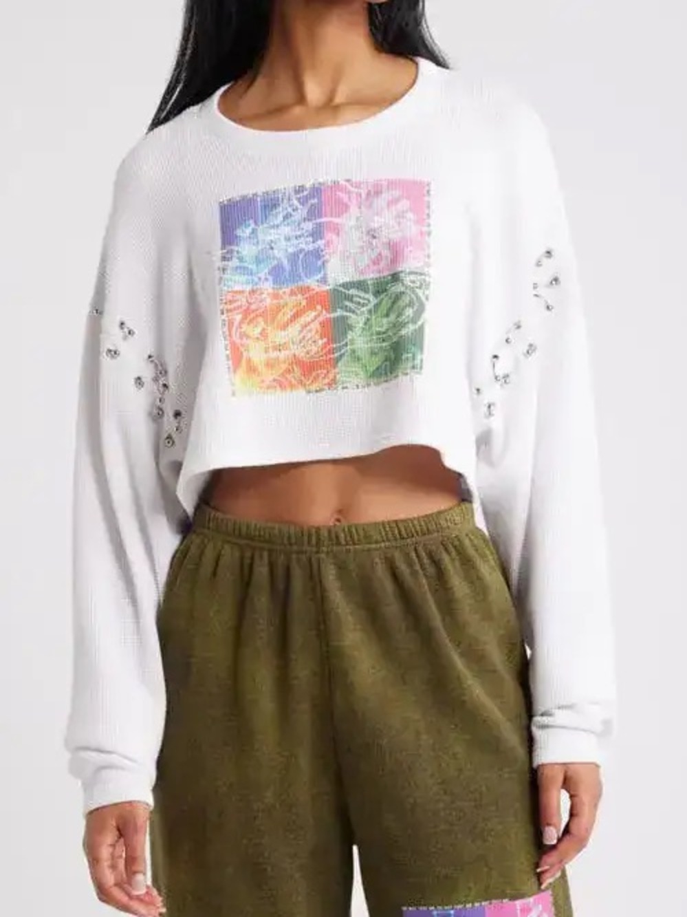 NWT Boys Lie "Don't Test Me" thermal waffle knit crop top with silver hardware
